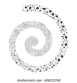 Alien Face fireworks swirl spiral. Vector illustration style is flat black scattered symbols. Object twirl made from scattered pictograms.