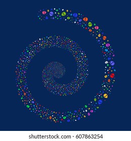 Alien Face fireworks whirl spiral. Vector illustration style is flat bright multicolored scattered symbols. Object twirl combined from random pictographs.