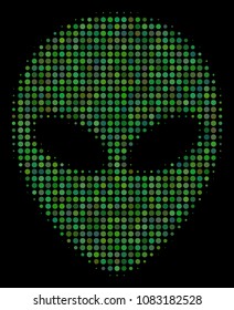 Alien face halftone vector icon. Illustration style is dotted iconic alien face symbol on a black background. Halftone matrix is build with spheric spots.