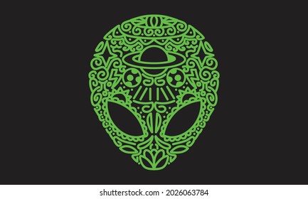 alien face head with shipibo pattern galaxy design neon color for shirt design or wallpaper