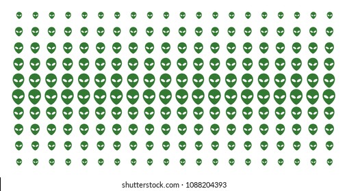 Alien face icon halftone pattern, designed for backgrounds, covers, templates and abstraction effects. Vector alien face objects arranged into halftone grid.