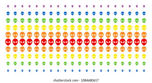 Alien Face icon rainbow colored halftone pattern. Vector shapes arranged into halftone matrix with vertical spectrum gradient. Designed for backgrounds, covers, templates and abstract concepts.