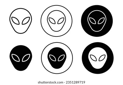 alien face icon set. extraterrestrial space alien head vector symbol in black filled and outlined style.