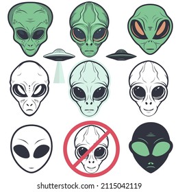 Alien face icon set, humanoid head, vector