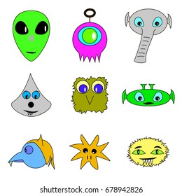 Alien face icon set, humanoid head outline, futuristic space invader, paranormal fantasy emblem vector illustration