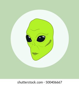 Alien face logo.  green head and huge deep black eyes. Flat style.