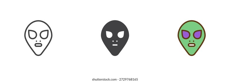 Conjunto de iconos de estilo diferente de máscara de cara alienígena. Línea, sólido y lleno contorno colorido icono para traje de fiesta de ciencia ficción o espacio. Signo de Vector extraterrestre e ícono de símbolo.