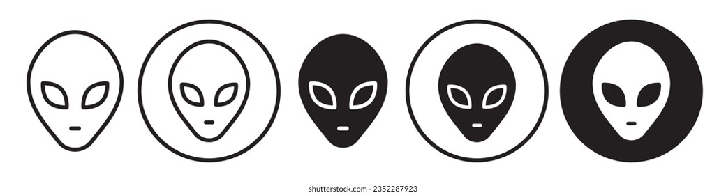 Alien Face Mask icon set. Symbol of invader in our galaxy universe. Vector logo of alien creature head. Flat outline sign of ufo space craft in area 51 doing secret research on futuristic monster. 