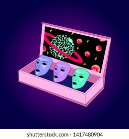 Alien face masks in a box. Dark, creepy vector illustration. Modern Halloween design. 