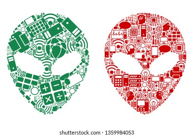 Alien Face mosaic icons constructed for bigdata illustrations. Vector alien face mosaics are united from computer, calculator, connections, wi-fi, network icons into abstract compositions.
