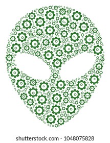 Alien Face mosaic of tooth gears. Vector cog items are combined into alien face illustration.