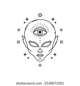 Alien face with mystical eye in doodle style on white background