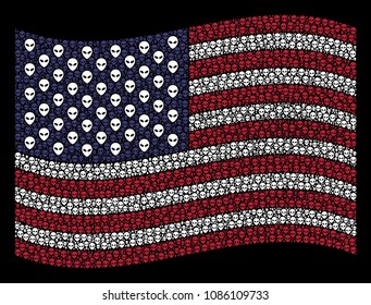 Alien face pictograms are combined into waving USA flag abstraction on a dark background. Vector collage of America state flag is designed with alien face elements.