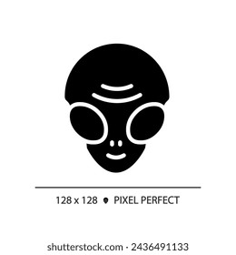 Alien face pixel perfect black glyph icon. Extraterrestrial life. Ufo sighting. Science fiction. Paranormal activity. Silhouette symbol on white space. Solid pictogram. Vector isolated illustration