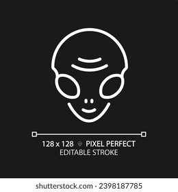 Alien face pixel perfect white linear icon for dark theme. Extraterrestrial life. Ufo sighting. Paranormal activity. Thin line illustration. Isolated symbol for night mode. Editable stroke
