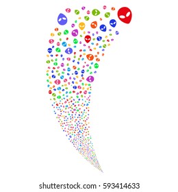 Alien Face random fireworks stream. Vector illustration style is flat bright multicolored iconic symbols on a white background. Object fountain combined from scattered symbols.