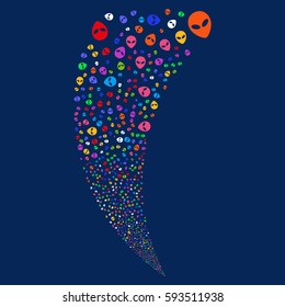 Alien Face random fireworks stream. Vector illustration style is flat bright multicolored iconic symbols on a blue background. Object fountain organized from scattered pictographs.