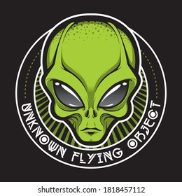 Alien face tee stump, humanoid martian head print, futuristic space invader, paranormal fantasy cartoon emblem vector illustration 