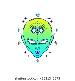  Alien face  with third eye in neon green and blue tones, surrounded by stars, gradient colors, psychedelic concept.