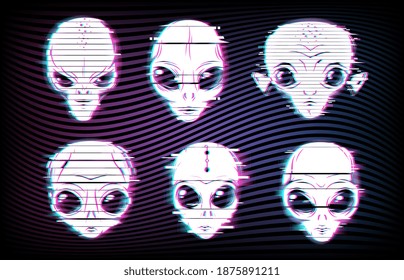 Alien faces or heads with digital glitch effects vector set of UFO and space design. Martian alien emojis of extraterrestrial monsters with big eyes and ears, neon emoticons of alien space invaders