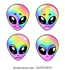 Alien faces with holographic rainbow gradients and different expressions Set.Fun vibrant alien head icons emotions vector for stickers, emojis, sci fi designs, digital art, futuristic graphics