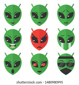 Alien facial expression icon set vector Logo element and design. An extraterrestrial and intelligent life concept element. Can be used for web and mobile development. Suitable for Info-graphic