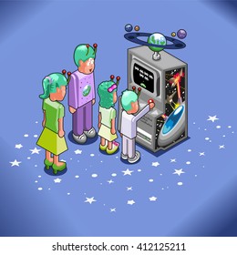 Alien famliy playing space attack arcade video game (isometric view)