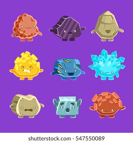 Alien Fantastic Golem Characters Of Different Humanized Rocks With Friendly Faces Emoji Stickers Set