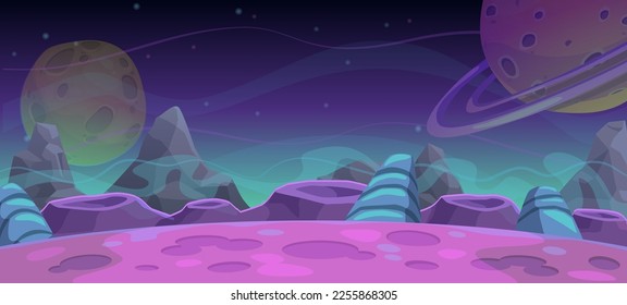 	
	
Alien fantastic landscape, cosmic background in blue and purple tones. Vector night scene for games with craters, mountains, night sky and fantasy planets.