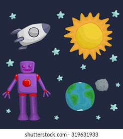 Alien fantastic landscape, seamless space background, separated layers for game design. - the pattern for the game - the sun earth and moon, and stars