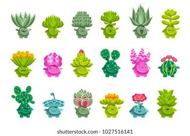 Alien Fantastic Plant Characters With Succulent Vegetation And Humanized Root With Friendly Faces Emoji Stickers Set