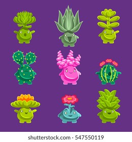 Alien Fantastic Plant Characters With Succulent Vegetation And Humanized Root With Friendly Faces Emoji Stickers Collection