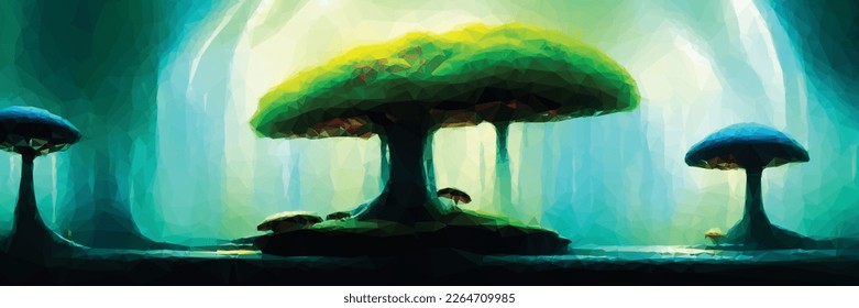 Alien fantasy landscape of a magical world with bizarre plants. Surreal panoramic background. Vector colorful illustration.