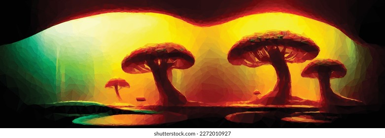 Alien fantasy landscape of a magical world with bizarre plants. Surreal panoramic background. Vector colorful illustration.
