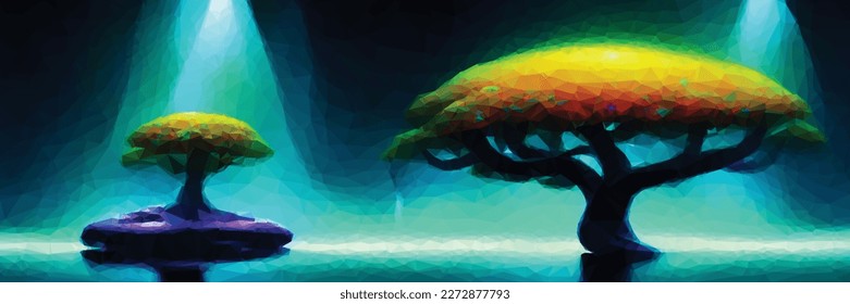 Alien fantasy landscape of a magical world with bizarre plants. Surreal panoramic background. Vector colorful illustration.