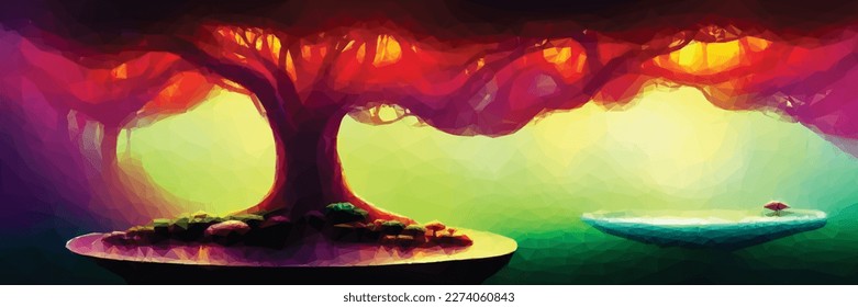 Alien fantasy landscape of a magical world with bizarre plants. Surreal panoramic background. Vector colorful illustration.