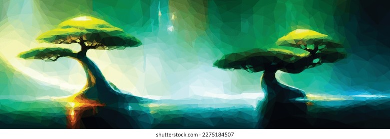Alien fantasy landscape of a magical world with bizarre plants. Surreal panoramic background. Vector colorful illustration.