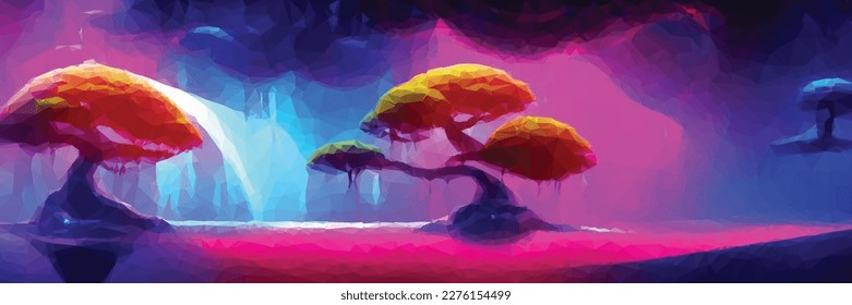 Alien fantasy landscape of a magical world with bizarre plants. Surreal panoramic background. Vector colorful illustration.