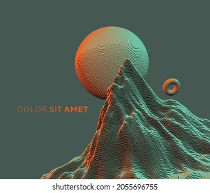 Alien fantasy landscape with rocks. Mountain peak. Futuristic backdrop in a voxel art style. Cyberspace concept. 3D vector illustration for brochure, magazine, poster, presentation, flyer or banner.