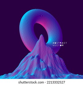 Alien fantasy landscape with rocks. Mountain peak. Futuristic backdrop in a voxel art style. Cyberspace concept. 3D vector illustration for brochure, magazine, poster, presentation, flyer or banner.