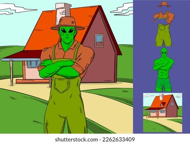 alien farmer on village. hand drawn illustration characters farmer