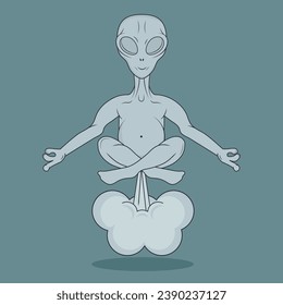 The alien farts and sits in the lotus position. Cheerful cartoon alien. Vector illustration.