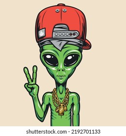 Alien fashionable colorful vintage emblem humanoid in red cap with UFO symbol and victory gesture from planet mars vector illustration