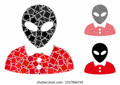 Alien female composition of rough parts in different sizes and color hues, based on alien female icon. Vector bumpy parts are combined into illustration.