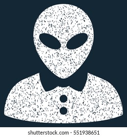 Alien Female grainy textured icon for overlay watermark stamps. Flat symbol with scratched texture. Dotted vector white ink rubber seal stamp with grunge design on a dark blue background.