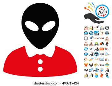 Alien Female icon with 2017 year bonus vector design elements. Set style is flat symbols, white background.