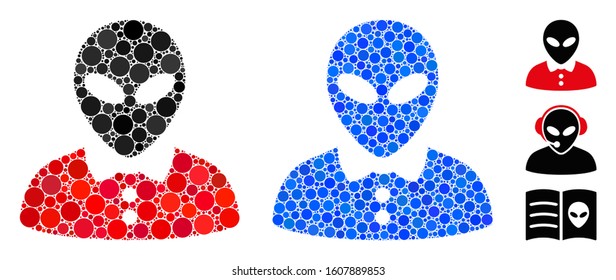 Alien female mosaic of spheric dots in variable sizes and color tinges, based on alien female icon. Vector round dots are grouped into blue mosaic. Dotted alien female icon in usual and blue versions.