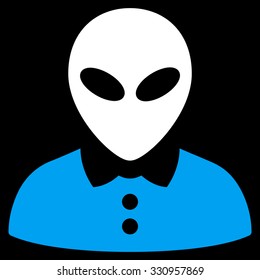 Alien Female vector icon. Style is flat bicolor blue and white symbol, rounded angles, black background.