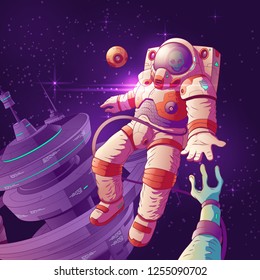 Alien first contact cartoon vector concept with astronaut in futuristic spacesuit reaching hand to extraterrestrial creature while flying in outer space near intergalactic starship or orbital station.