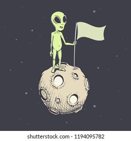 alien with flag stands on moon.Hand drawn vector illustration